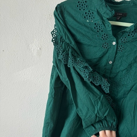Green J crew embroidered eyelet ruffle sleeve mock neck blouse sz s - Picture 8 of 15